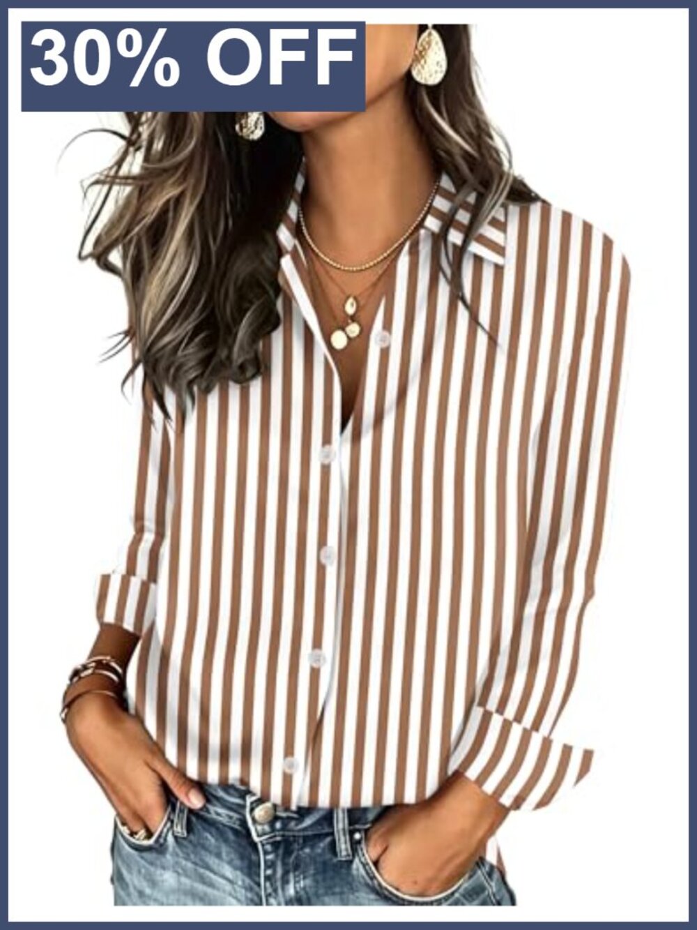 Women's Long Sleeve Button Down Blouse - Collared V Neck Striped Shirt